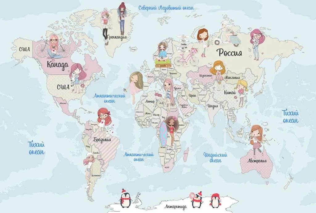 Фотообои в интерьере карта с девочками  12-994 фото