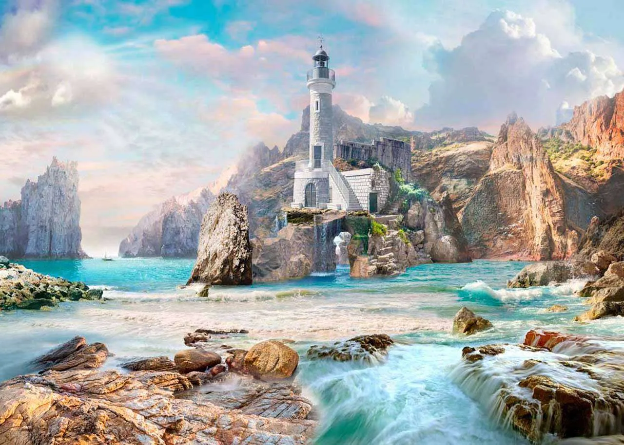 Фотообои в интерьере маяк на берегу в облаках  7-384 фото