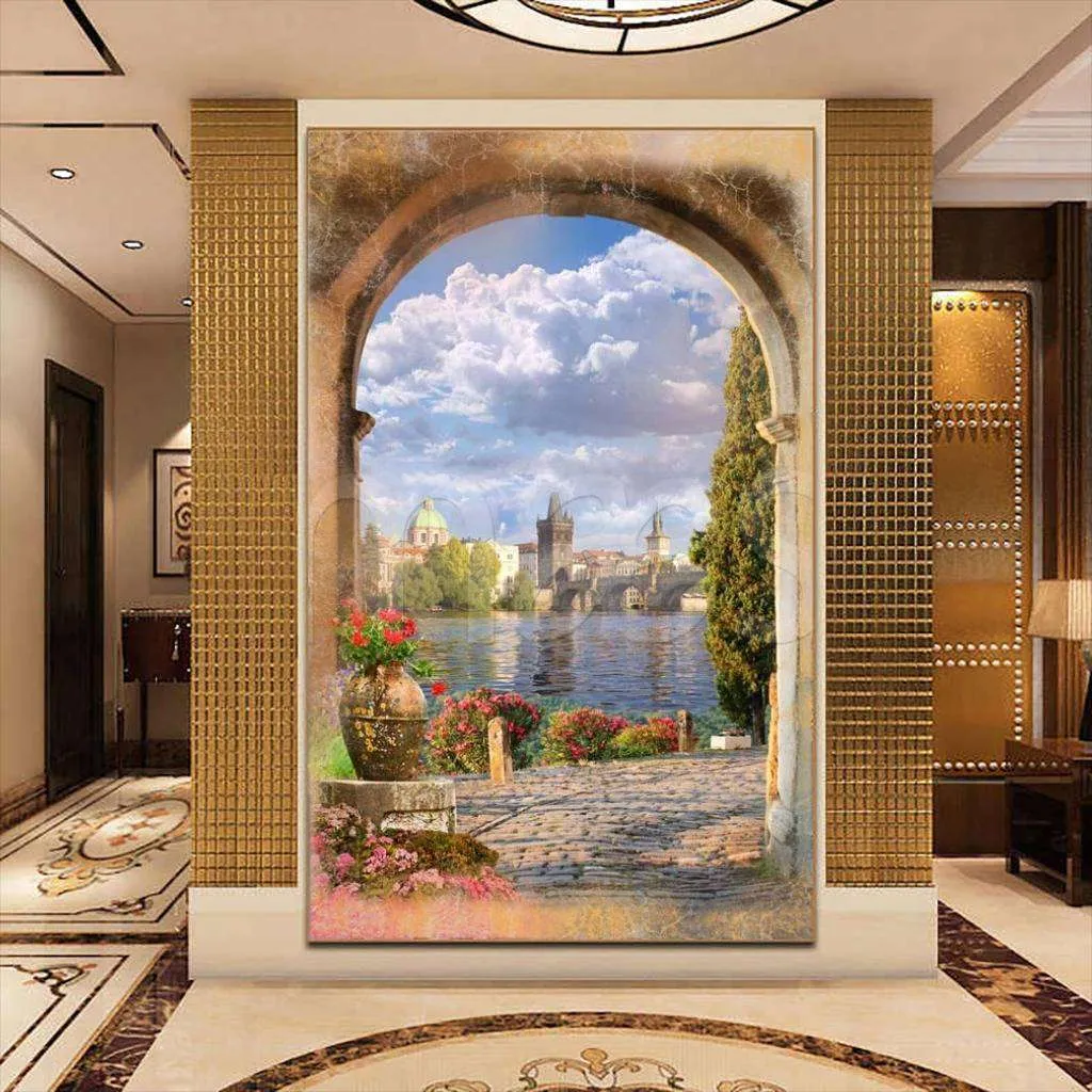 Фотообои в интерьере вид на город из арки  5-059 фото