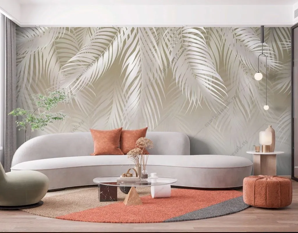 Фотообои в интерьере светло-бежевые перья  14-546 фото