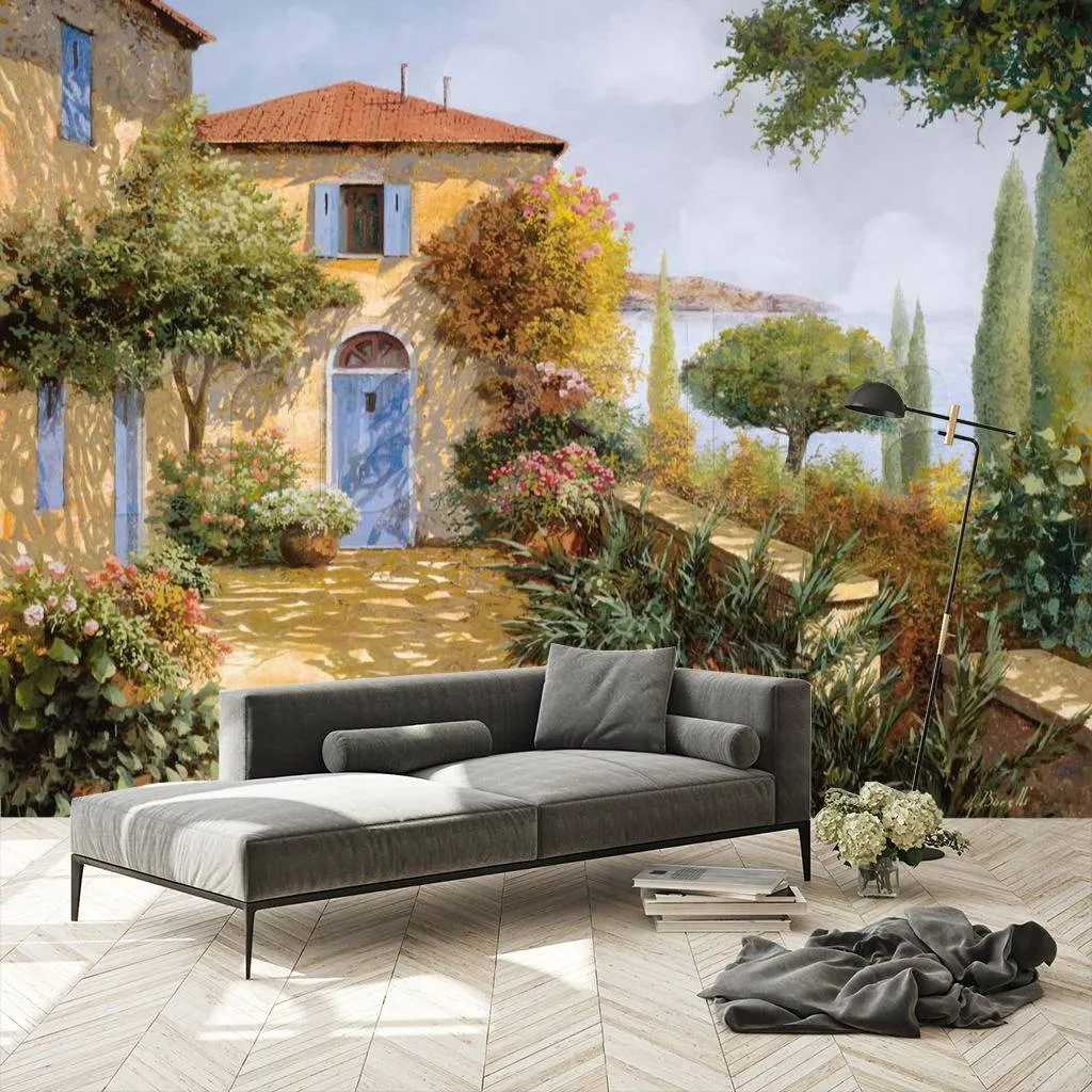 Фотообои в интерьере тихий солнечный дворик с видом на море  8-079 фото