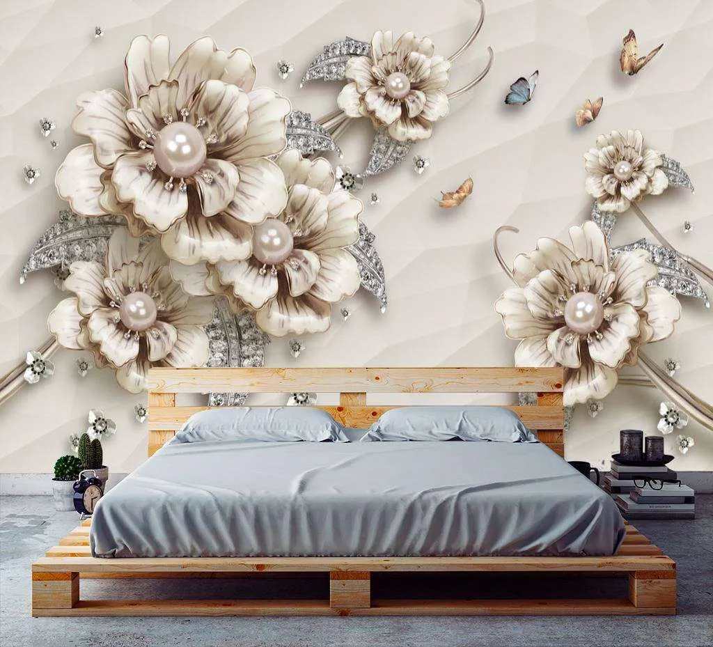 Фотообои в интерьере бежевые цветы  10-614 фото