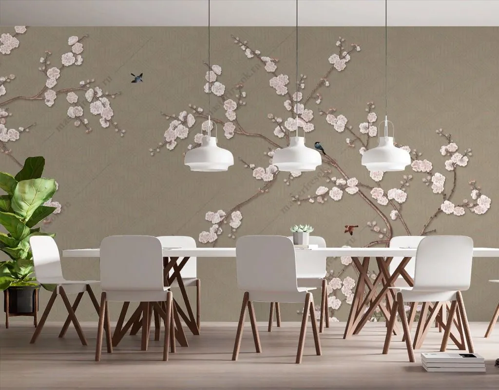 Фотообои в интерьере розовая веточка сакуры  9-1689 фото