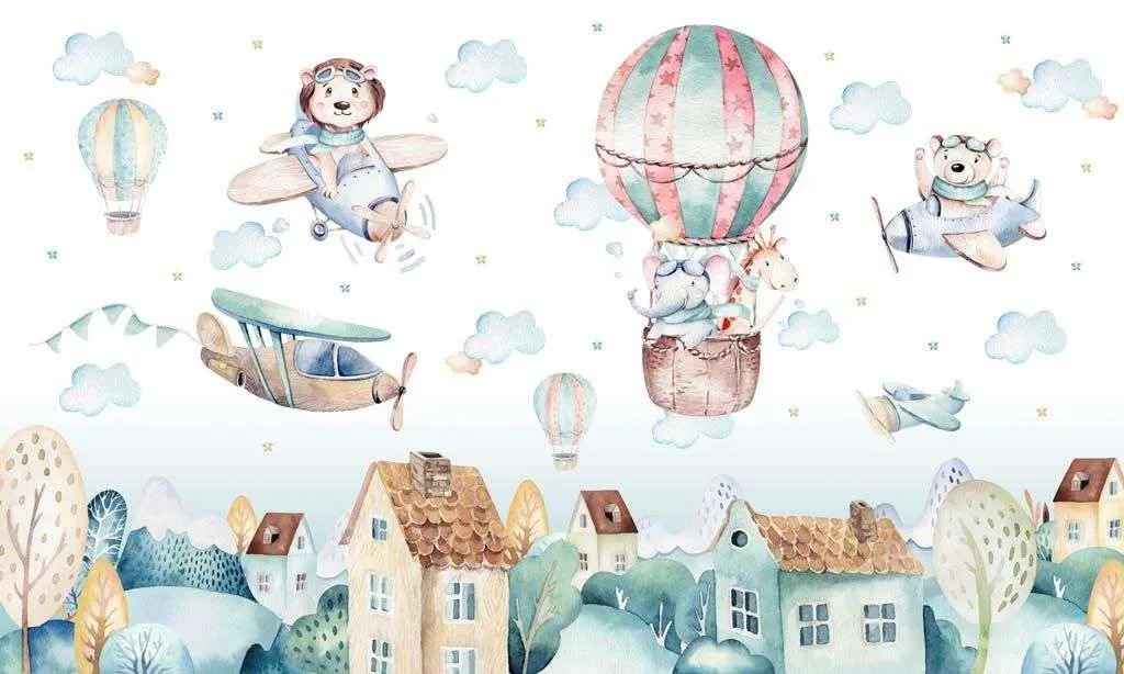 Фотообои в интерьере воздушный шар над городком  14-155 фото