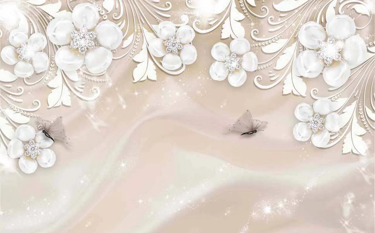 Фотообои в интерьере 3д белые цветы на светлом шелке  10-499 фото