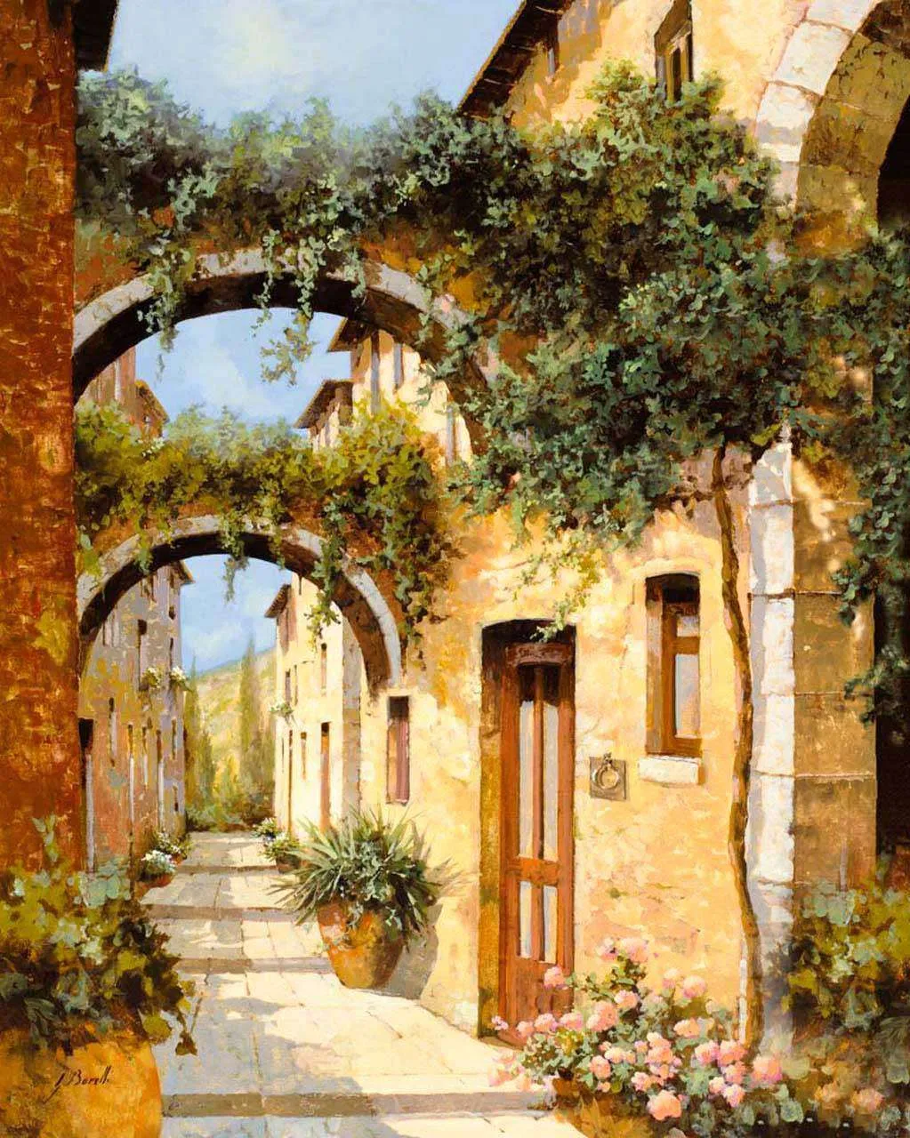 Фотообои в интерьере улочка с арками зелени  8-030 фото