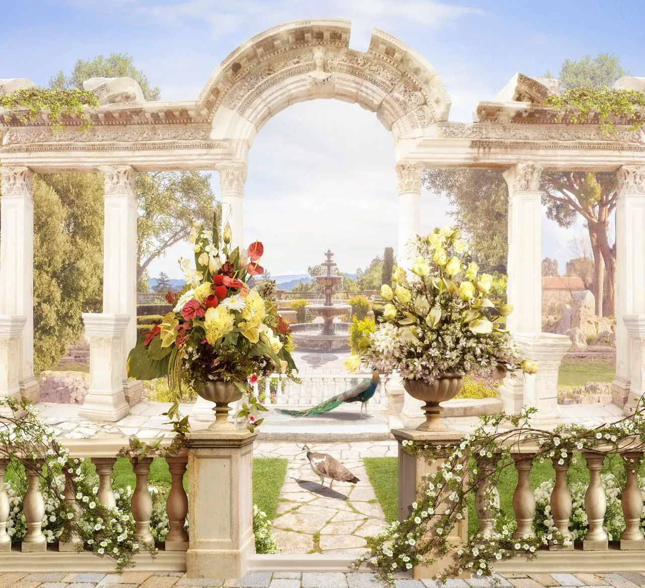 Фотообои в интерьере арка с вазами и павлинами  19-0078 фото