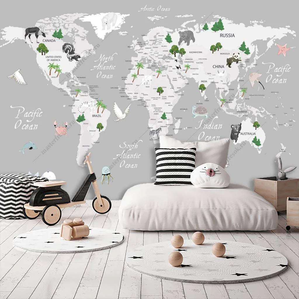 Фотообои в интерьере карта серая  12-775 фото