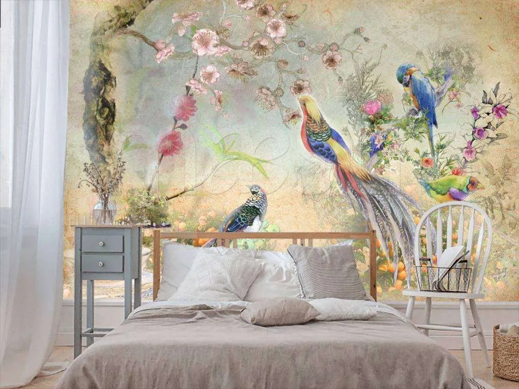 Фотообои Райские птицы в саду с цветами  7-318