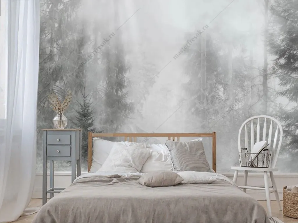 Фотообои в интерьере еловый туманный лес  13-351 фото