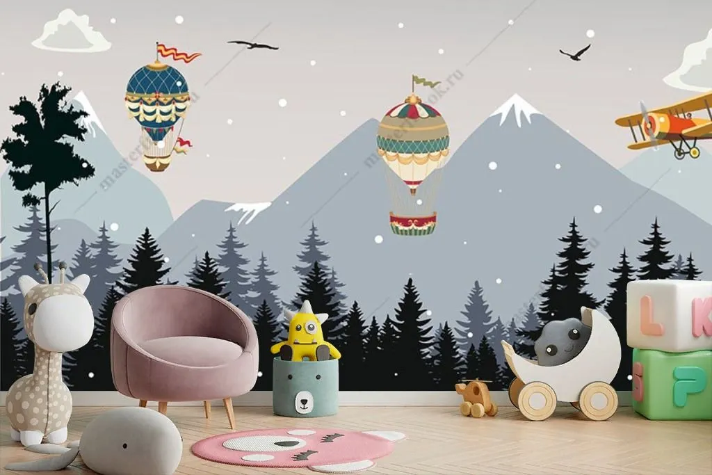 Фотообои в интерьере воздушные шары и самолёт в ночи  12-1549 фото