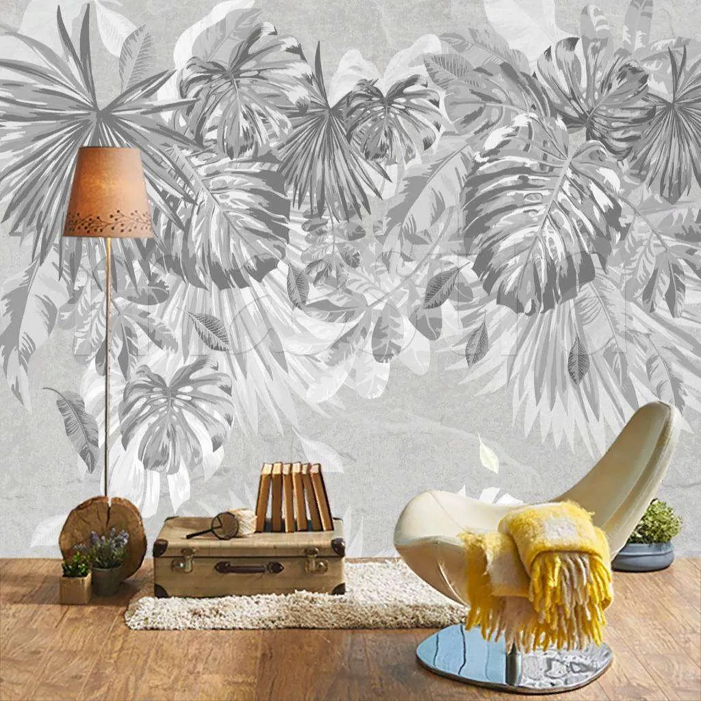 Фотообои в интерьере тропические листья на сером фоне  7-952 фото