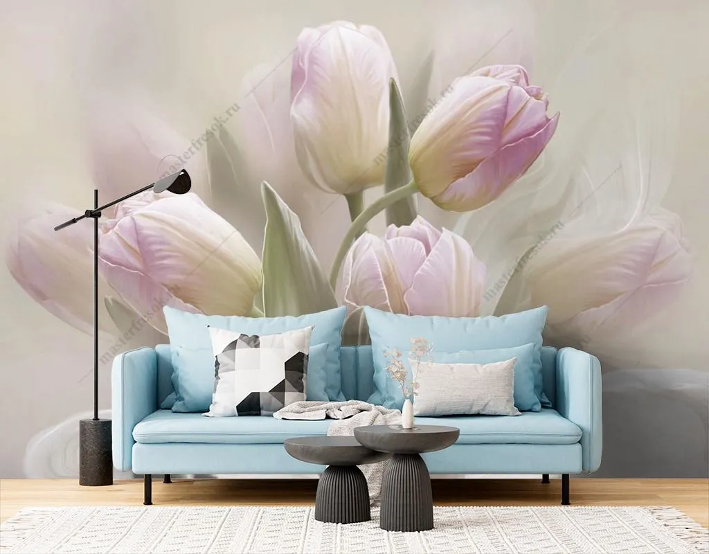 Фотообои в интерьере тюльпаны акварель  13-603 фото