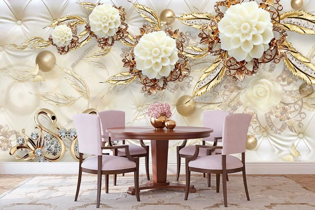 Фотообои в интерьере 3д цветы золотые  10-897 фото