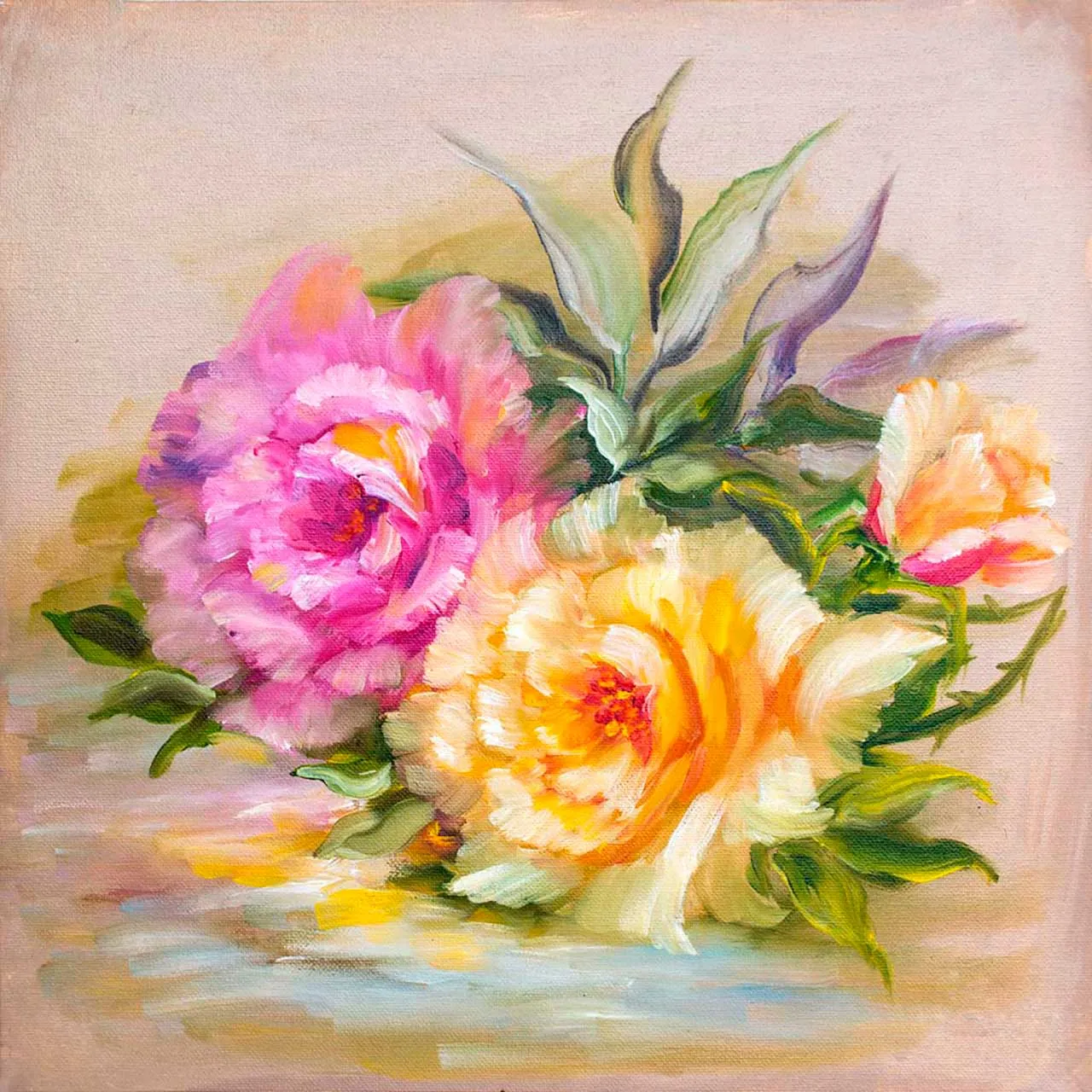 Фотообои в интерьере желтые и розовые пионы на столе  9-109 фото