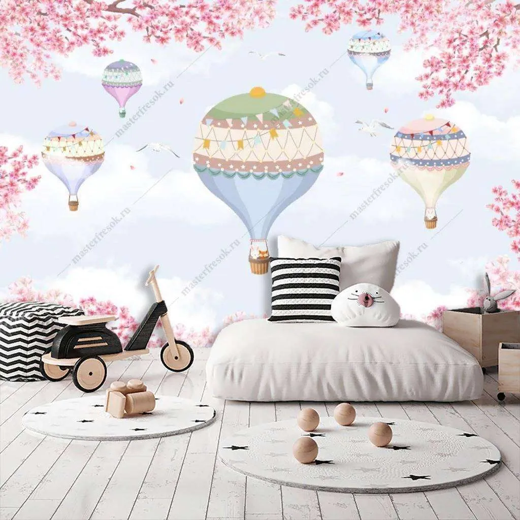 Фотообои в интерьере зайчики на воздушных шариках  14-123 фото