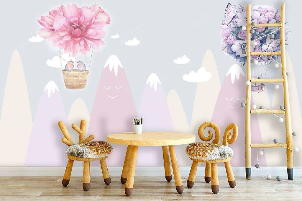 Фотообои в интерьере горы и цветочный шар  12-622 фото