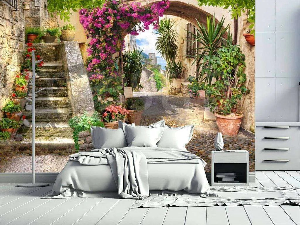 Фотообои в интерьере цветущая улочка с лестницей  7-042 фото