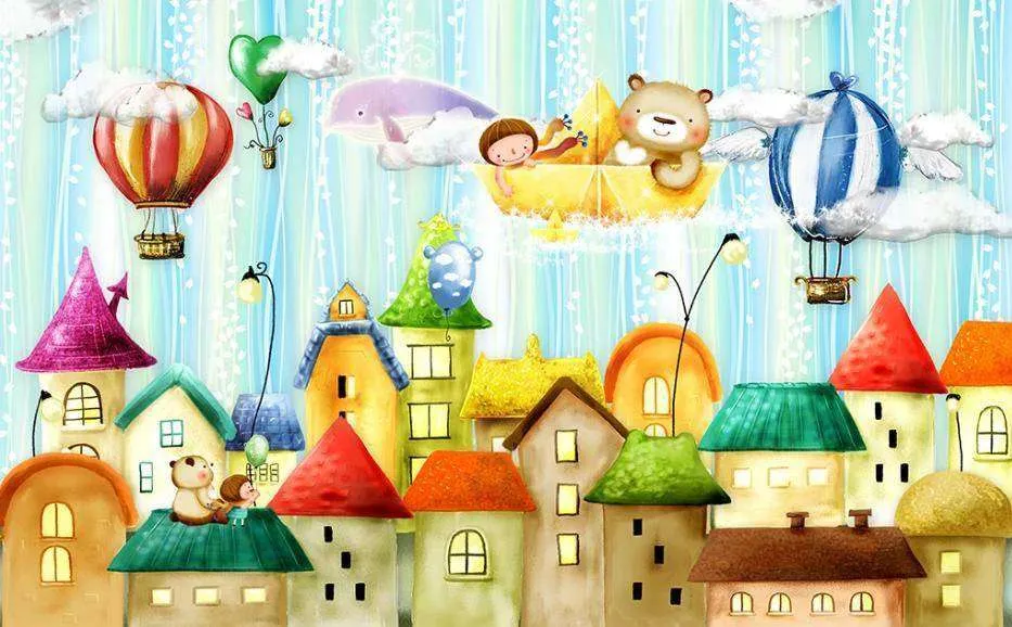 Фотообои в интерьере воздушные шары над домиками  15-310 фото