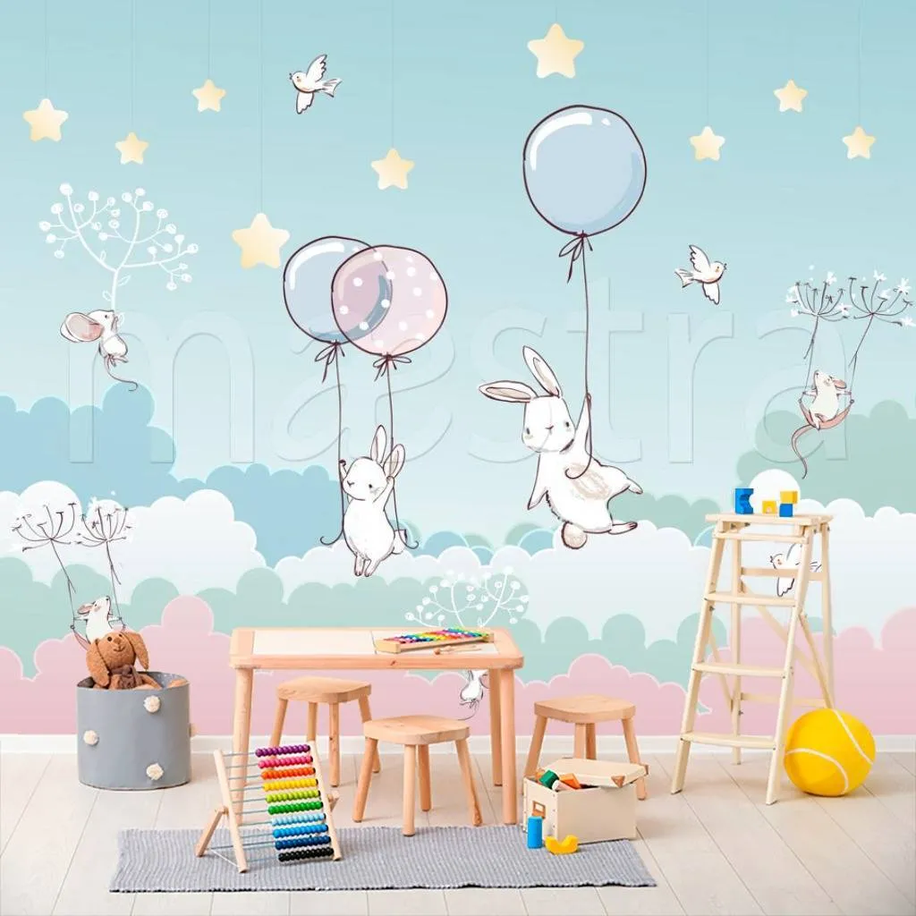 Фотообои Зайцы и мыши летят на шарах  12-408