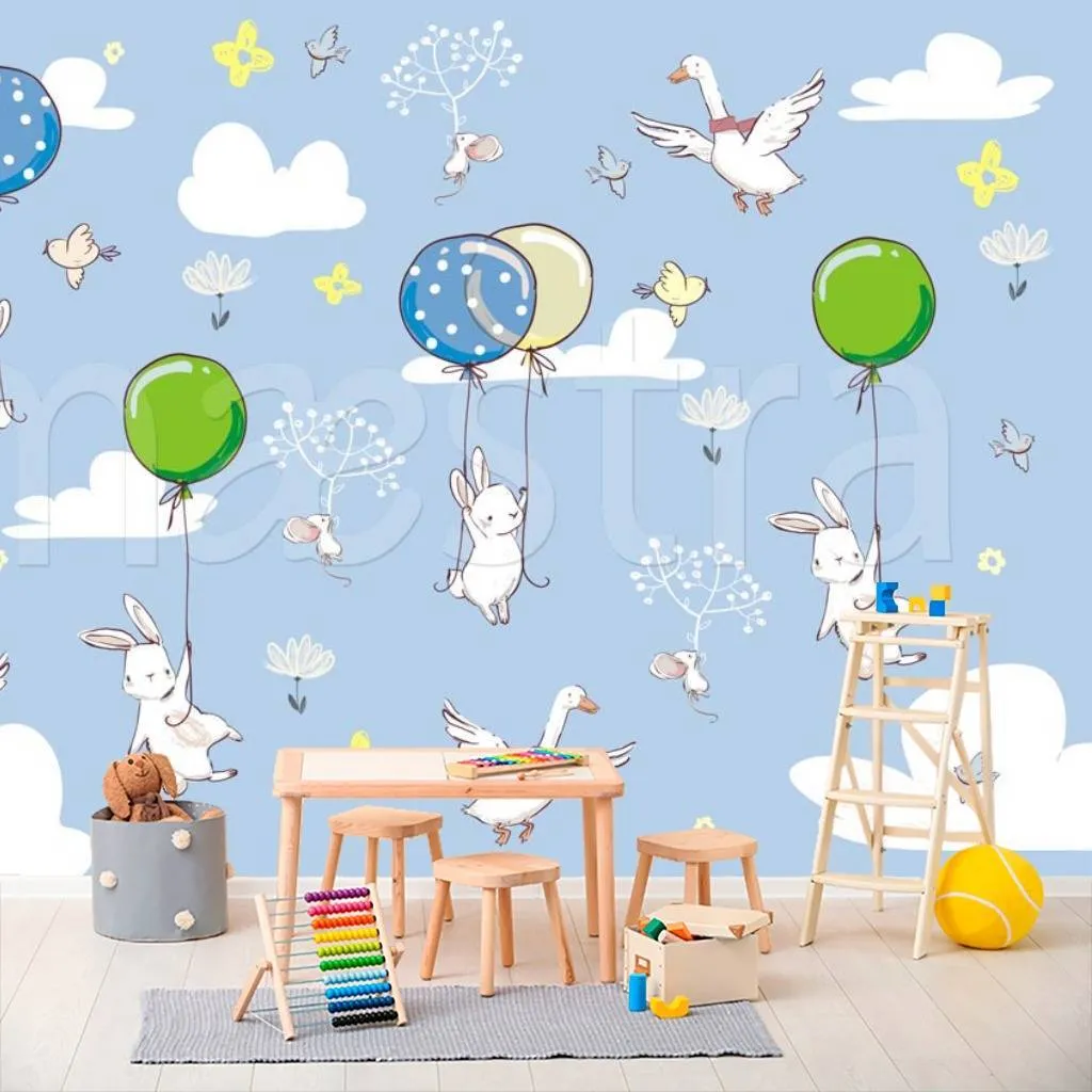 Фотообои Птицы и кролики в облаках на воздушных шарах на синем фоне  12-404