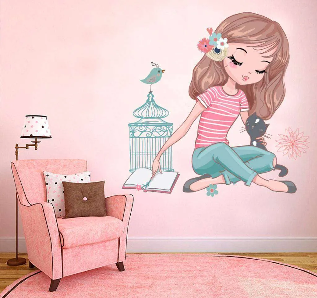 Фотообои в интерьере девочка и кот  12-641 фото