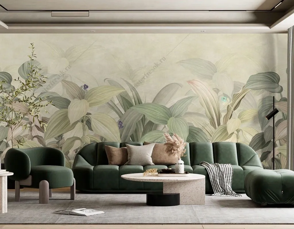 Фотообои в интерьере светлые тропические листья  9-1643 фото