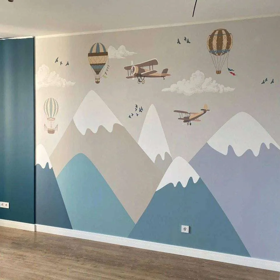 Фотообои в интерьере голубые пики и самолеты  12-1198 фото