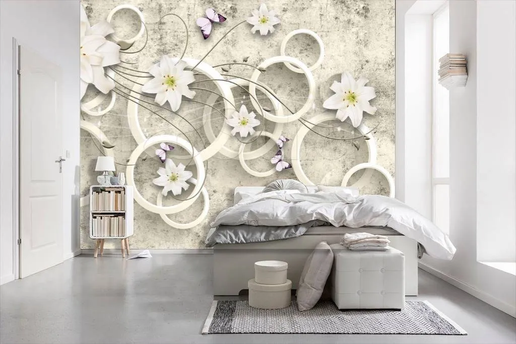 Фотообои 3д белые цветы с кругами на сером фоне  10-480