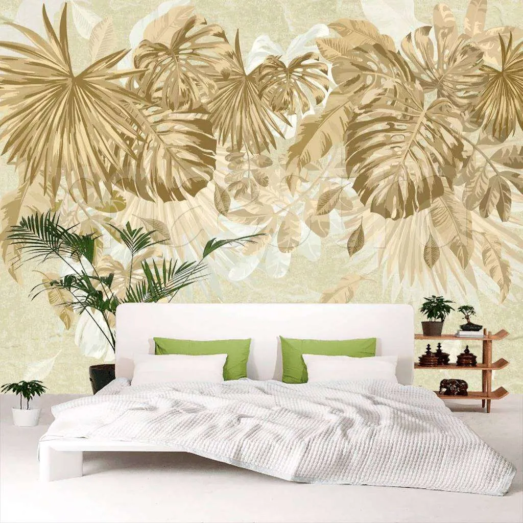 Фотообои в интерьере тропические листья на бежевом фоне  7-951 фото