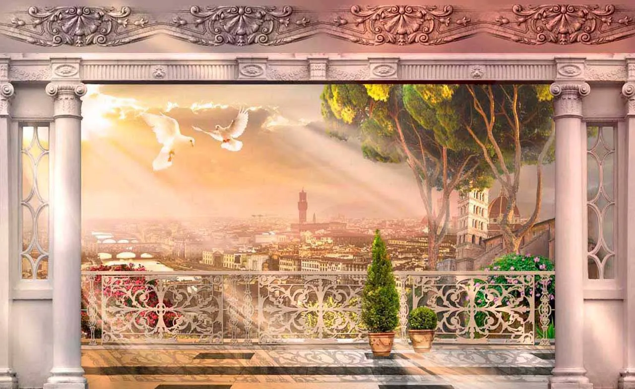 Фотообои в интерьере голуби над городом  6-070 фото