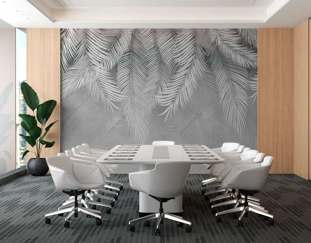 Фотообои в интерьере листья нежно серые  14-334 фото