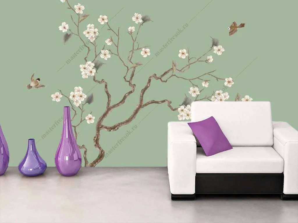 Фотообои в интерьере сакура на зеленом фоне  15-936 фото