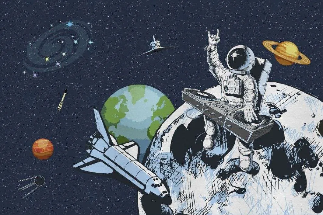 Фотообои в интерьере в детскую: космонавт-диджей.   14-734 фото