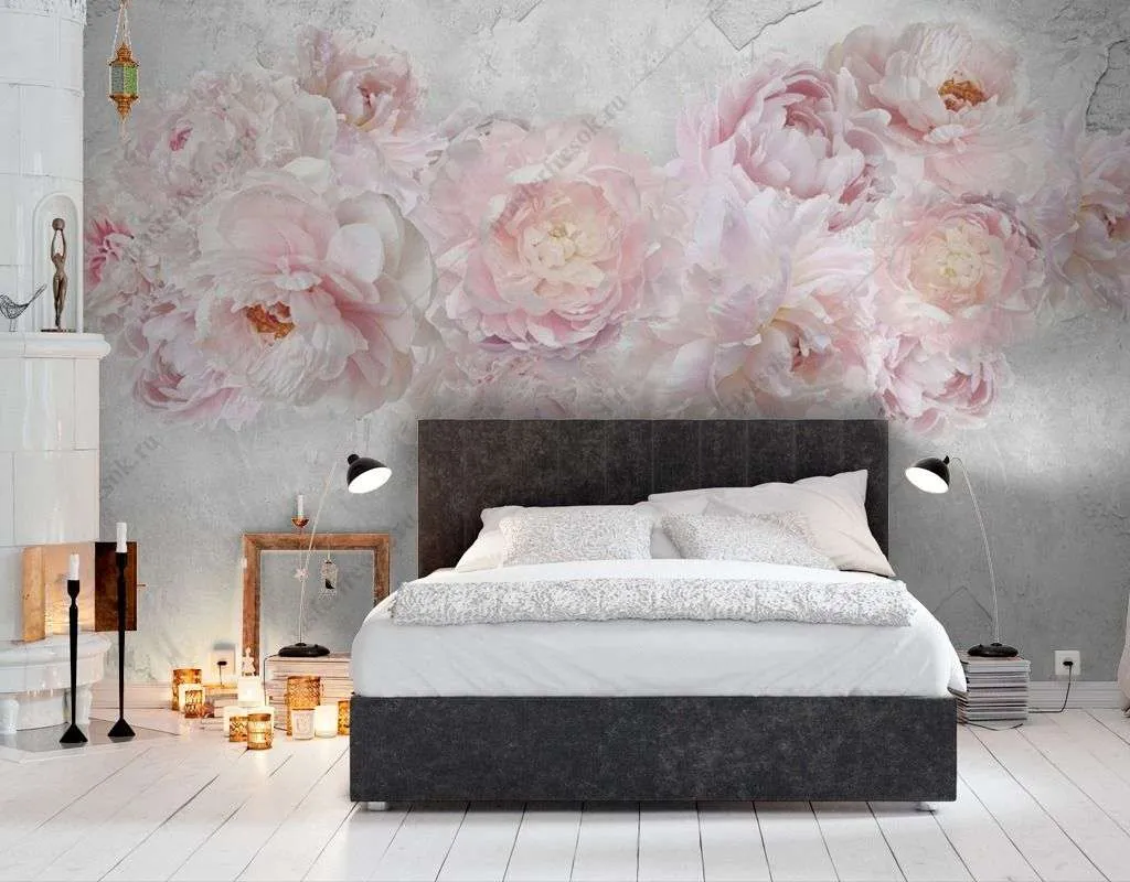 Фотообои в интерьере пионы на мраморном фоне  14-369 фото