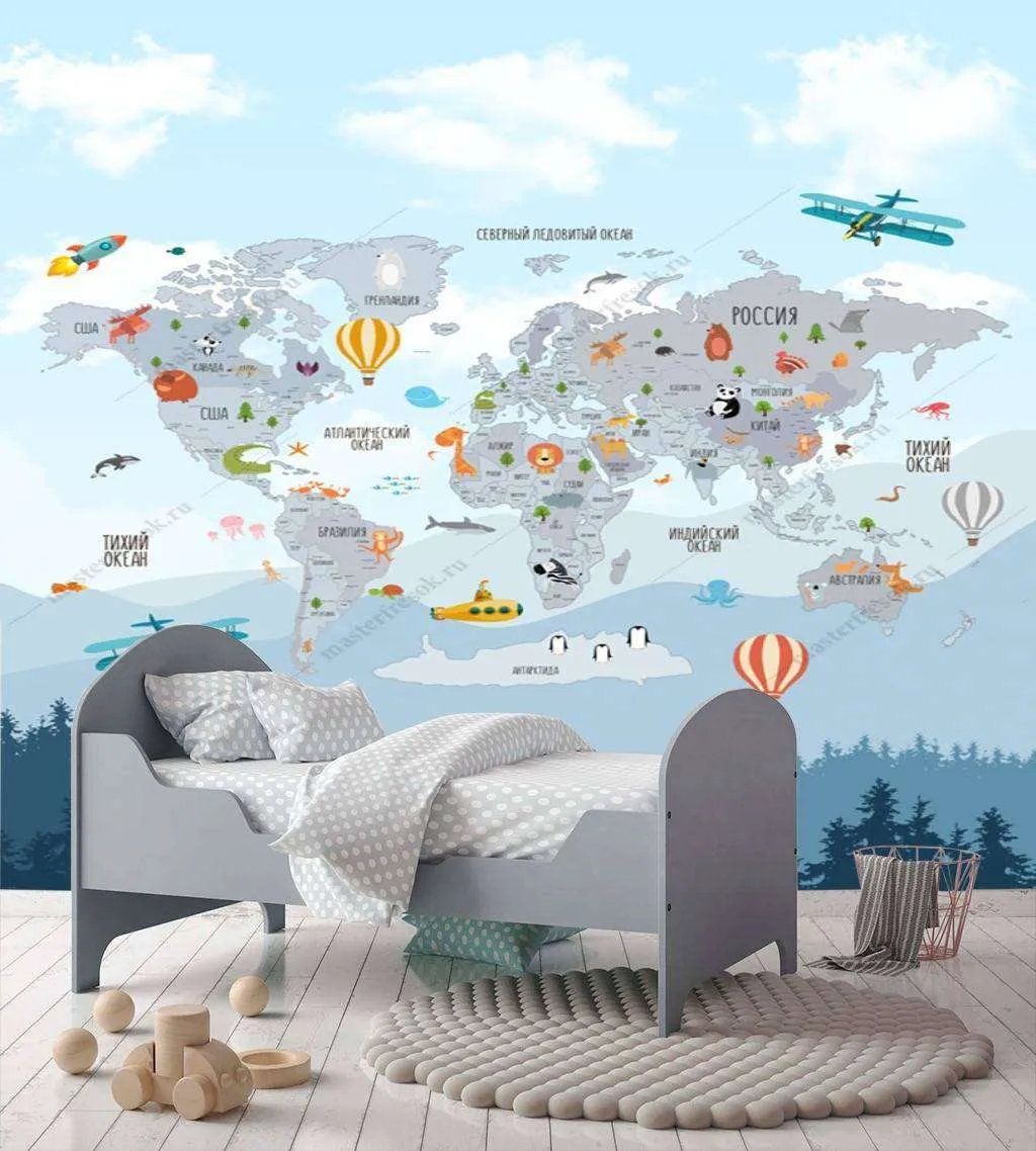 Фотообои Бесшовные обои на стену:  Карта мира и лес. Артикул: 12-966  