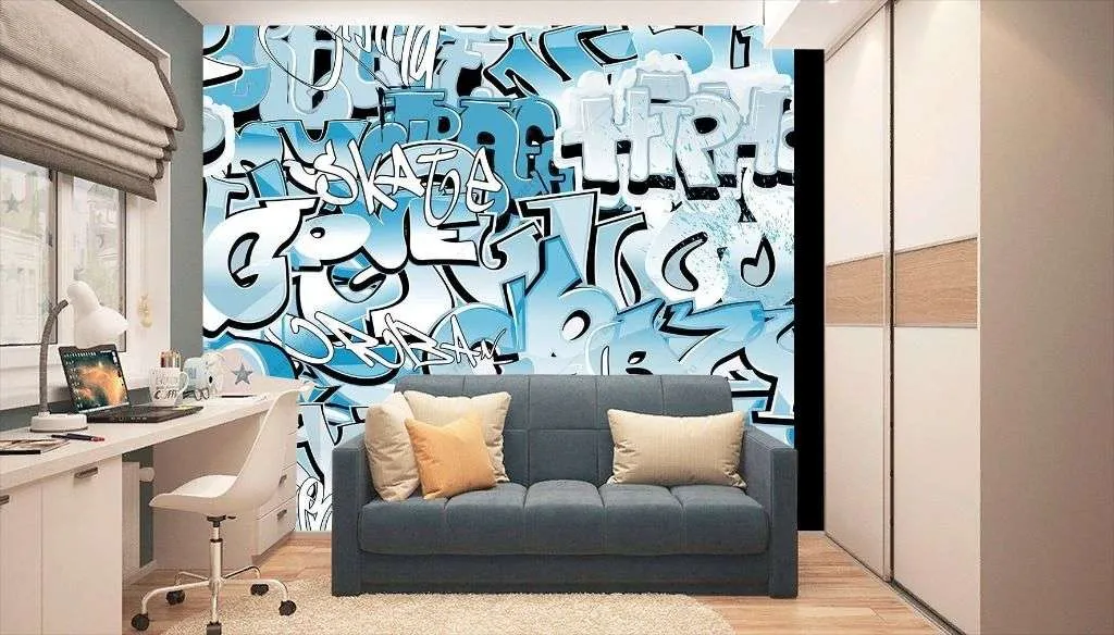 Фотообои в интерьере голубое граффити  12-1277 фото