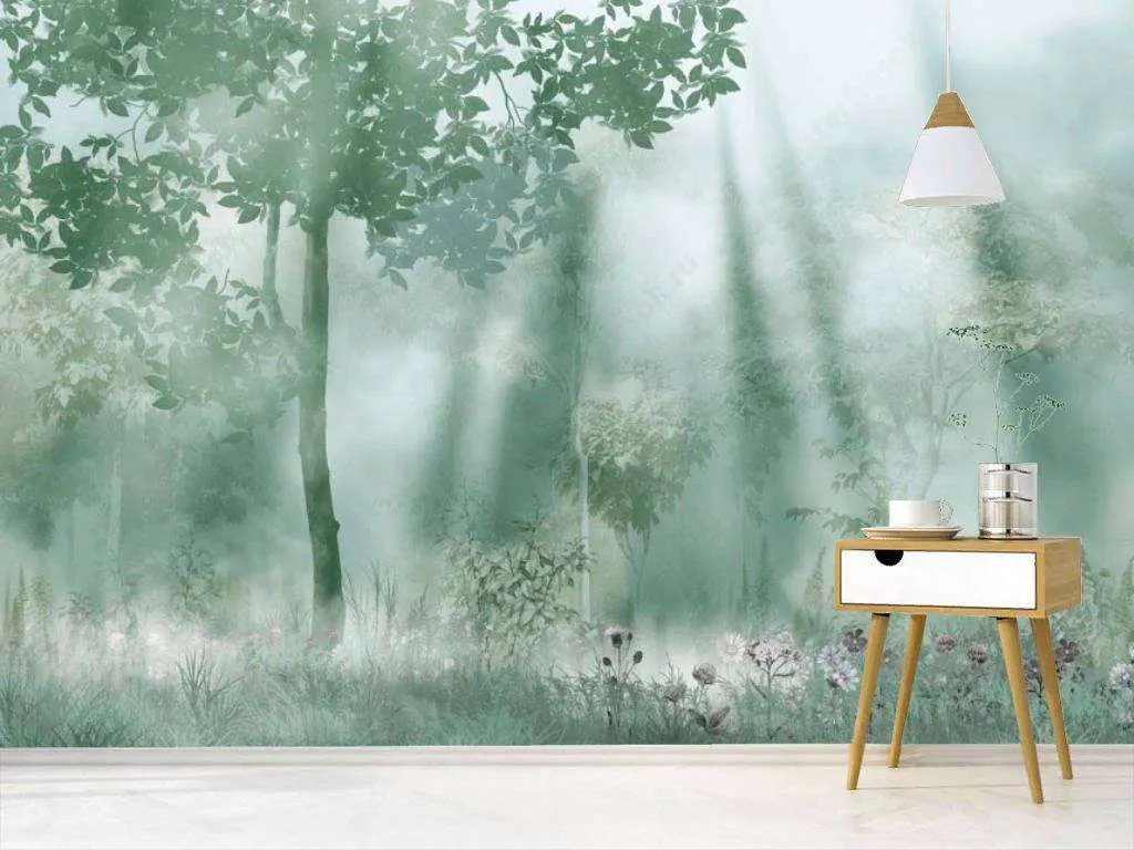 Фотообои в интерьере рассвет в лесу  13-277 фото