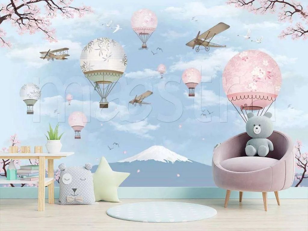 Фотообои в интерьере розовые воздушные шары на голубом фоне  15-087 фото