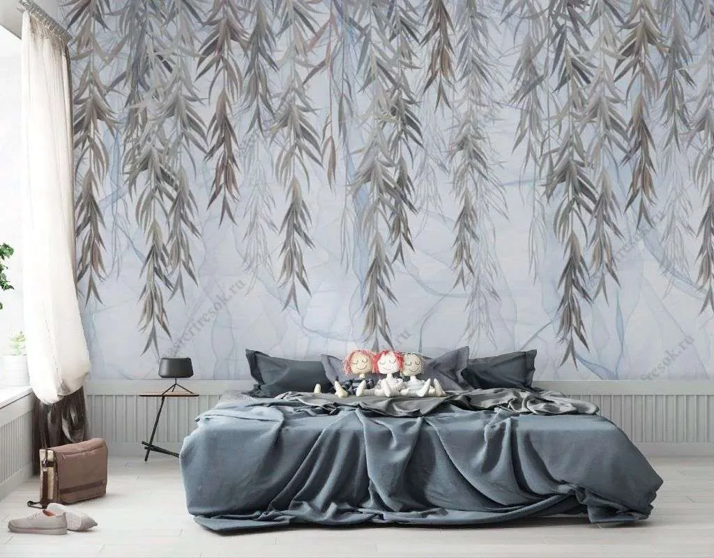 Фотообои в интерьере ветви ивы на голубом фоне  9-1479 фото