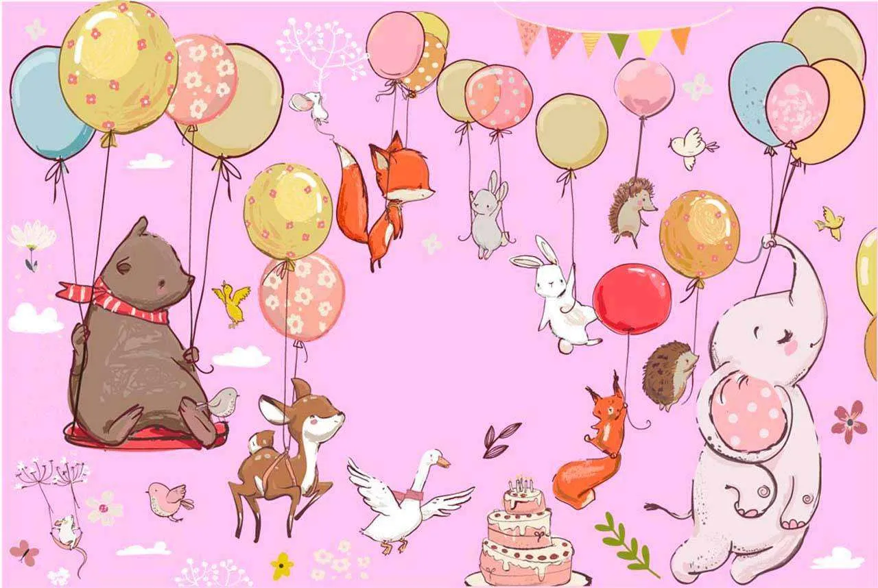 Фотообои в интерьере звери на шарах летят на розовом фоне  12-340 фото