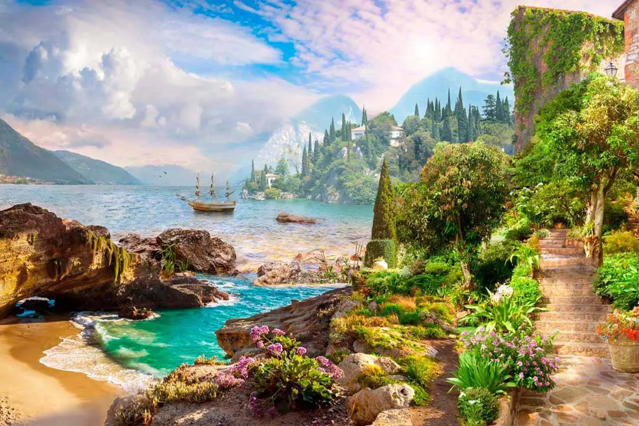 Фотообои в интерьере парк с видом на скалистый берег  7-039 фото