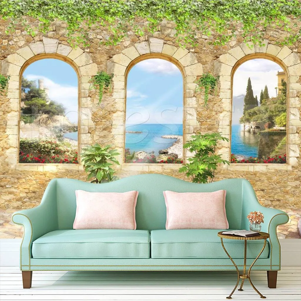 Фотообои в интерьере вид на залив через окна  2-006 фото