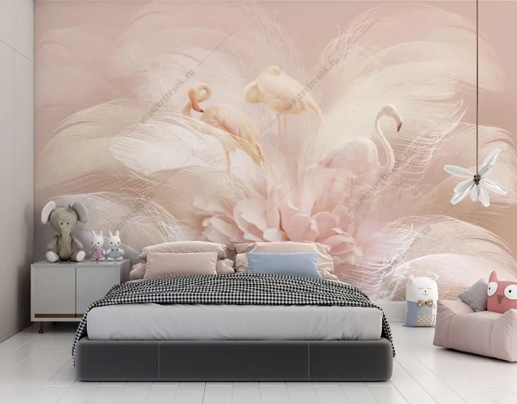 Фотообои в интерьере фламинго в пионах  13-580 фото