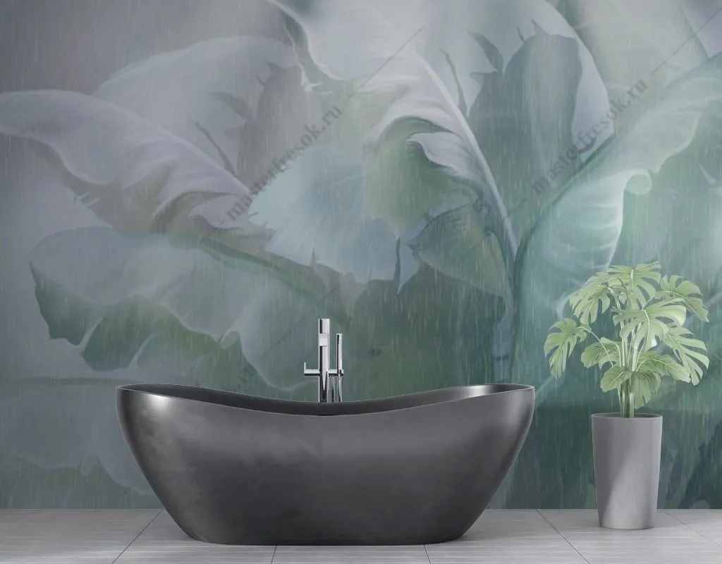 Фотообои в интерьере зеленые листья банана  13-457 фото