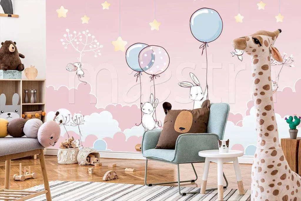 Фотообои в интерьере зайцы и мыши летят на шарах на розовом фоне  12-409 фото
