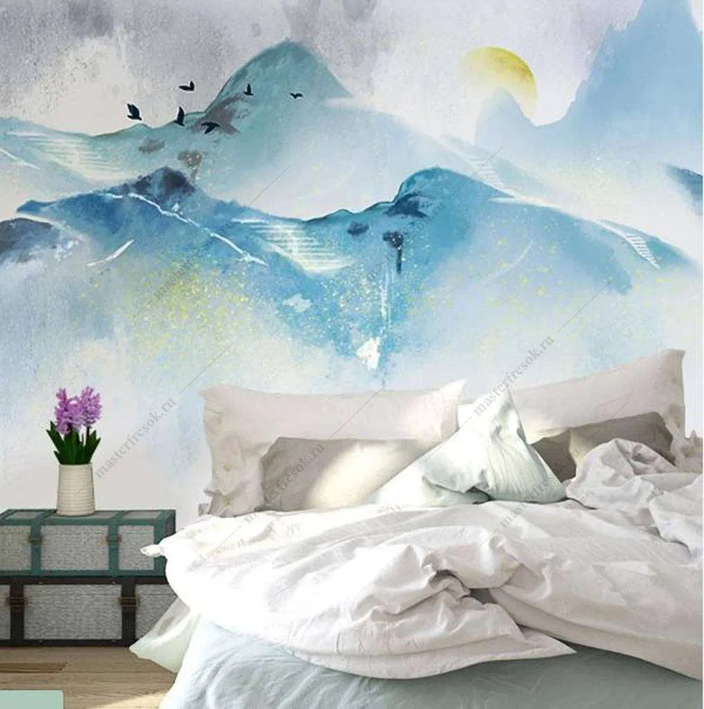 Фотообои в интерьере синие горы в тумане  16-139 фото