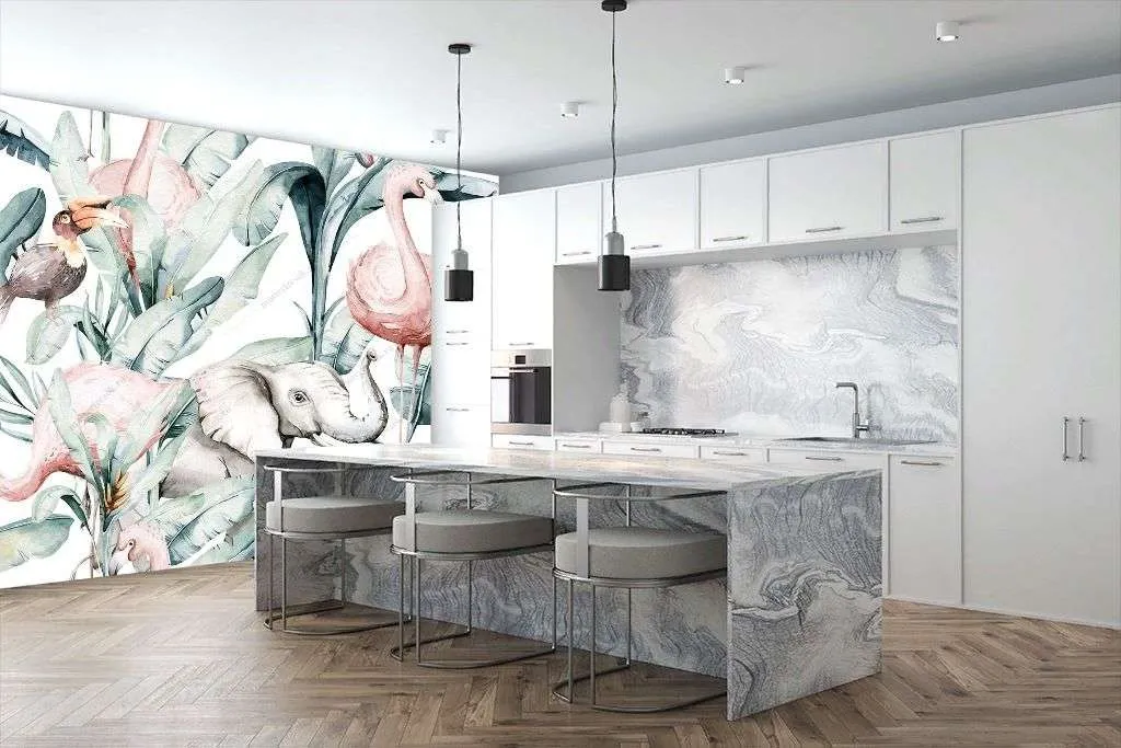 Фотообои в интерьере животные в тропических листьях  14-201 фото