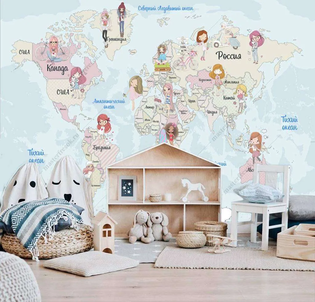 Фотообои в интерьере карта с девочками  12-994 фото