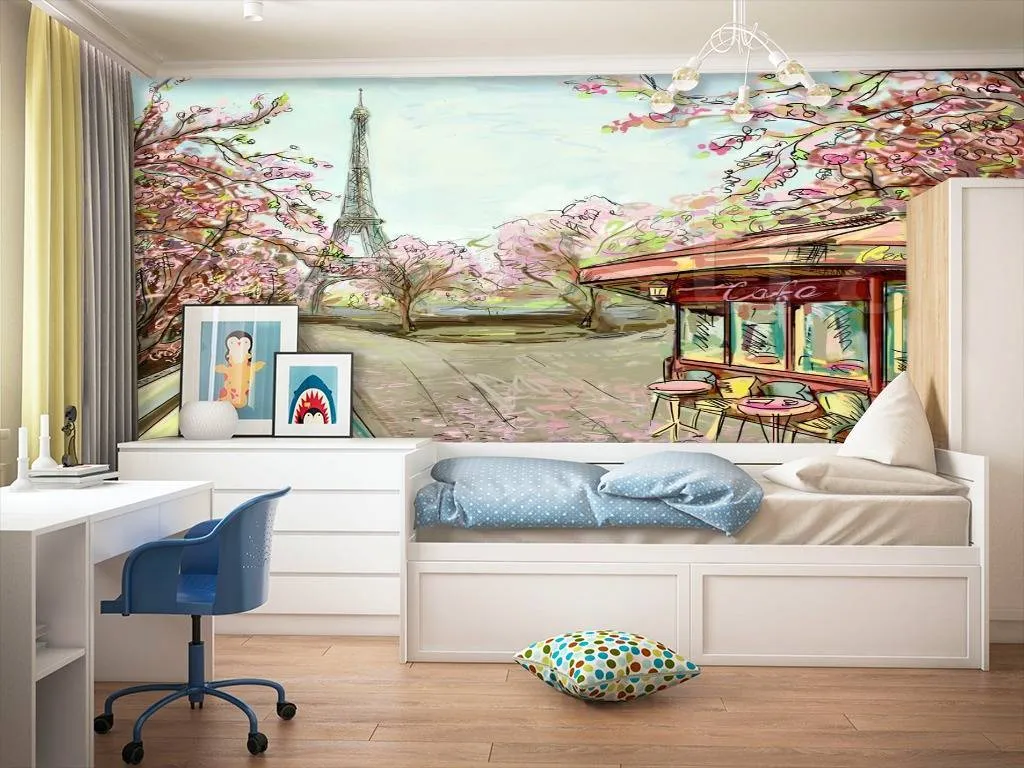 Фотообои в интерьере улочка в париже с видом на эйфелеву башню карандашами  9-774 фото